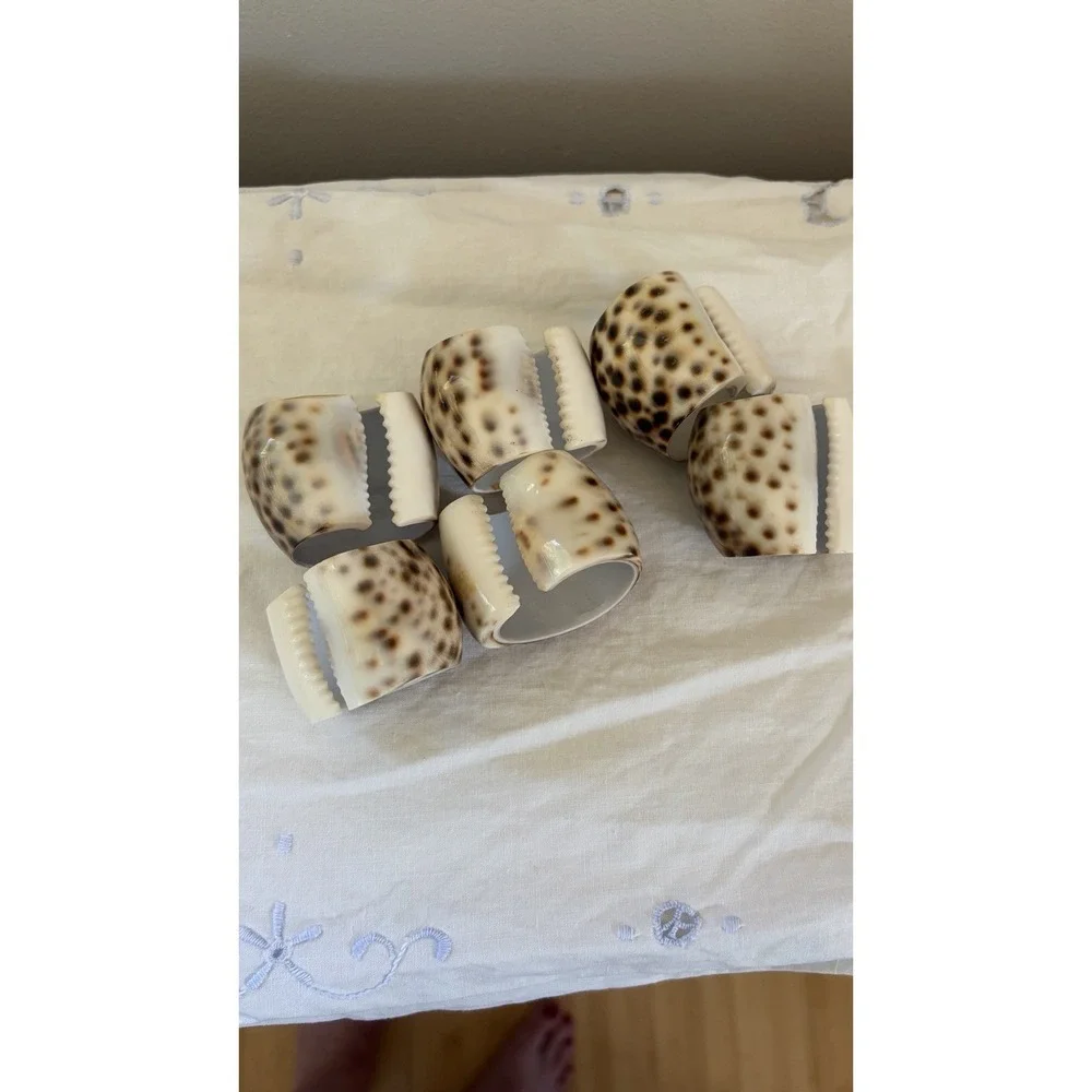 Vintage Tiger Cowrie Shell Napkin Rings Set Of 6 Coastal Beach Table Decor